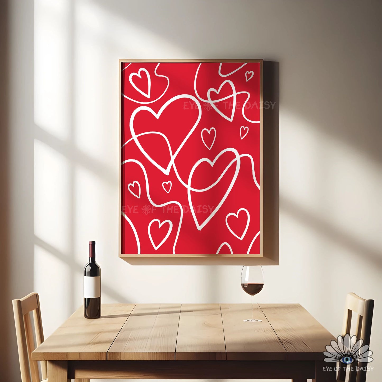 Vibrant red abstract heart line art printable wall art, maximalist, modern and playful poster for dorm or apartment decor