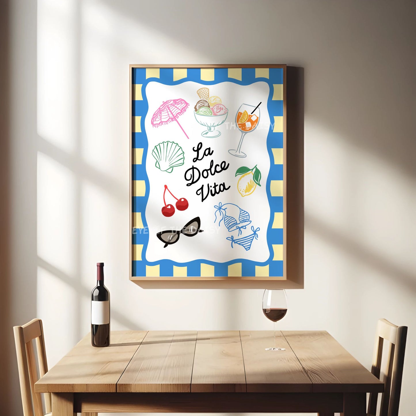 Italian summer art print – La Dolce Vita digital download with cherries, lemon, shell and drink icons, wall decor for dining room