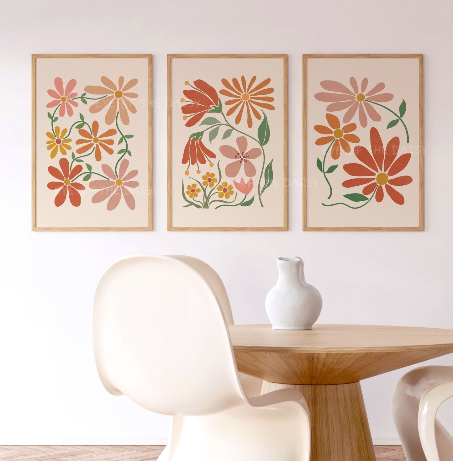 Triptych set of three stylised abstract floral wall prints in warm terracotta and mustard tones on beige, great neutral living room decor
