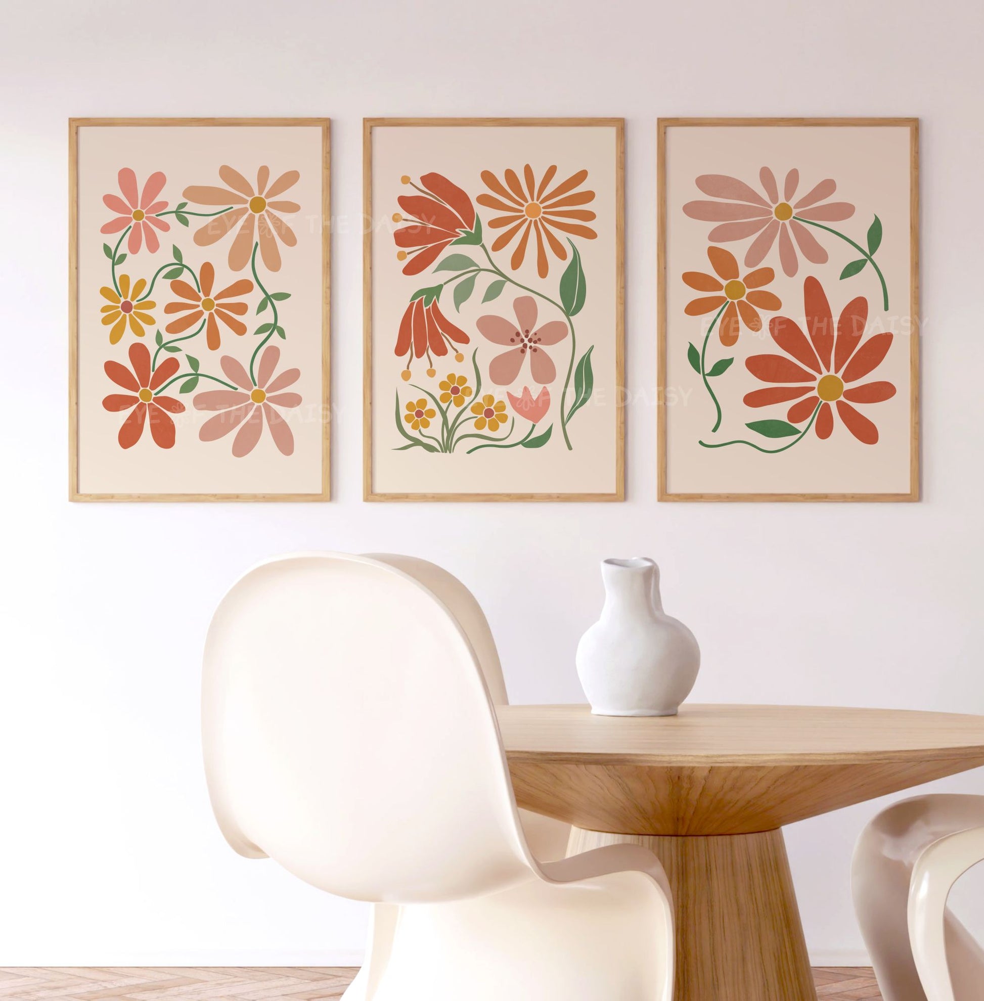 Triptych set of three stylised abstract floral wall prints in warm terracotta and mustard tones on beige, great neutral living room decor