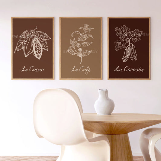 Earth tone printable wall art set featuring cocoa, coffee, and carob plants, perfect for a home coffee station or coffee bar wall art