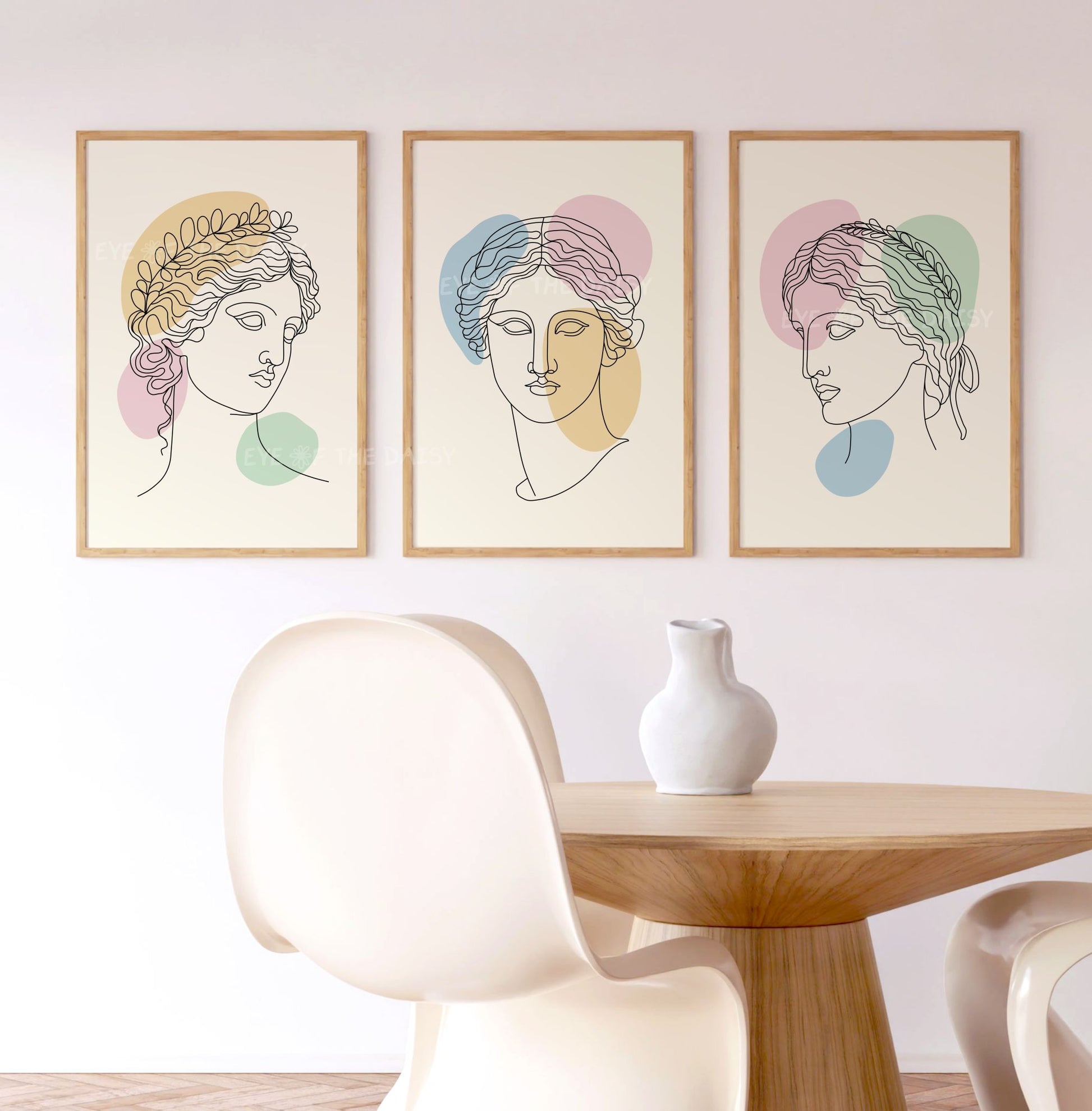 Abstract Greek bust one line drawing print set of 3, triptych pastel printable posters, minimalist boho digital wall art