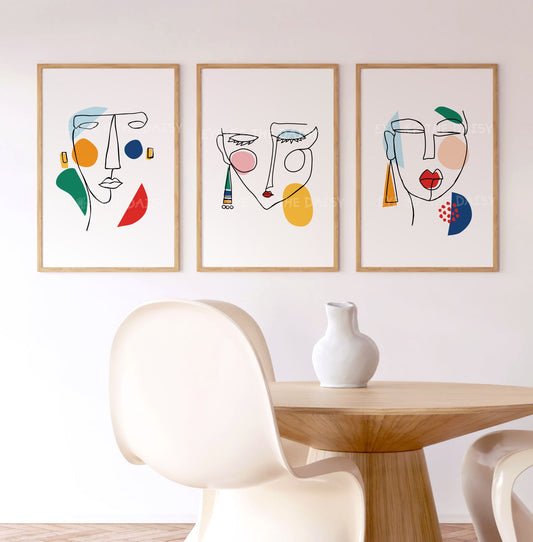 Modern abstract face print set of 3, minimalist black lines with colorful patches, printable art for dining room or gallery wall