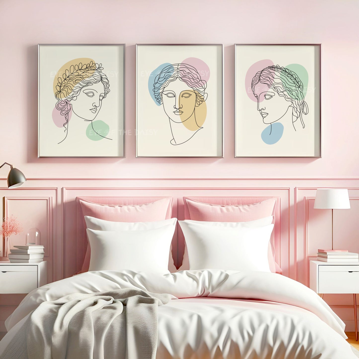 Line drawing print set of 3 Greek statues, pastel wall art download for boho bedroom or minimalist printable poster home decor
