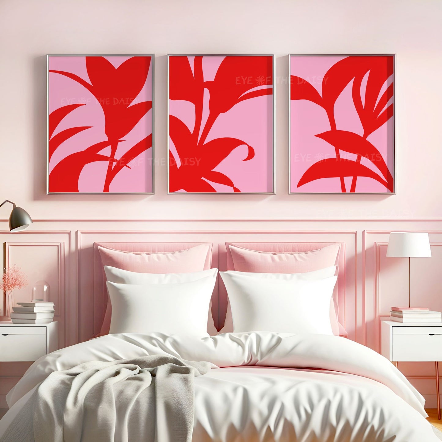 Bright abstract botanical printable poster set — digital download ideal for modern pink bedrooms or stylish dorm room wall art