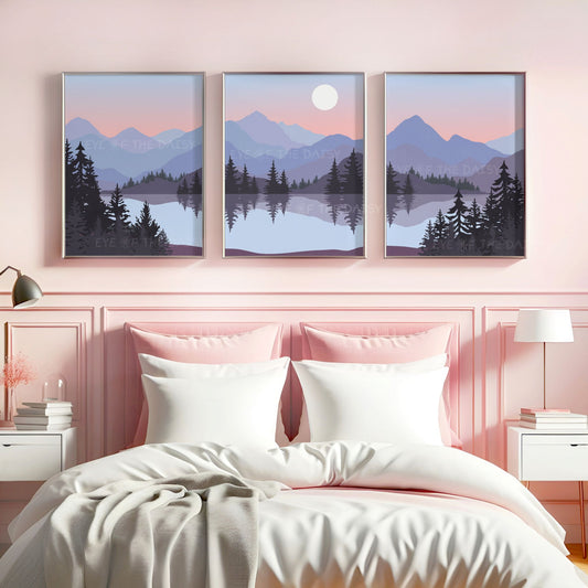 Three piece printable wall art set of lilac, pink, blue grey abstract mountain landscape scenery in a continuous style, with lake, trees
