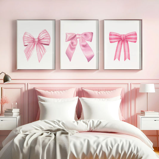 Trendy watercolor bows ribbons print set – trendy triptych gallery wall art for dorm room, digital download perfect for teen girl bedroom decor