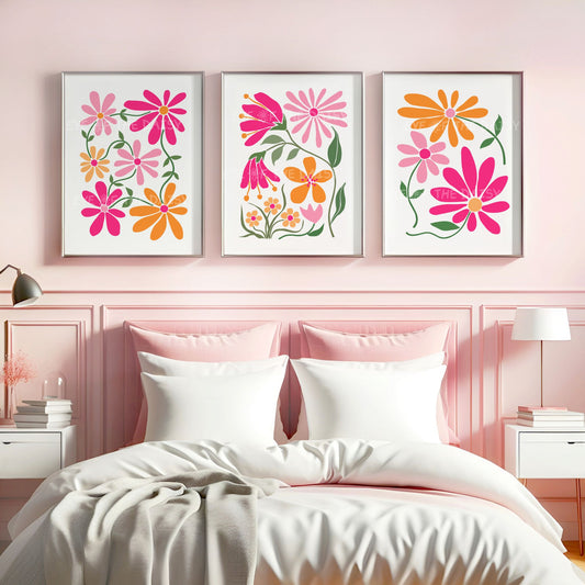 Set of three bright pink and orange abstract flower prints, for a feminine bedroom, girly dorm room or toddler or teen girl's room