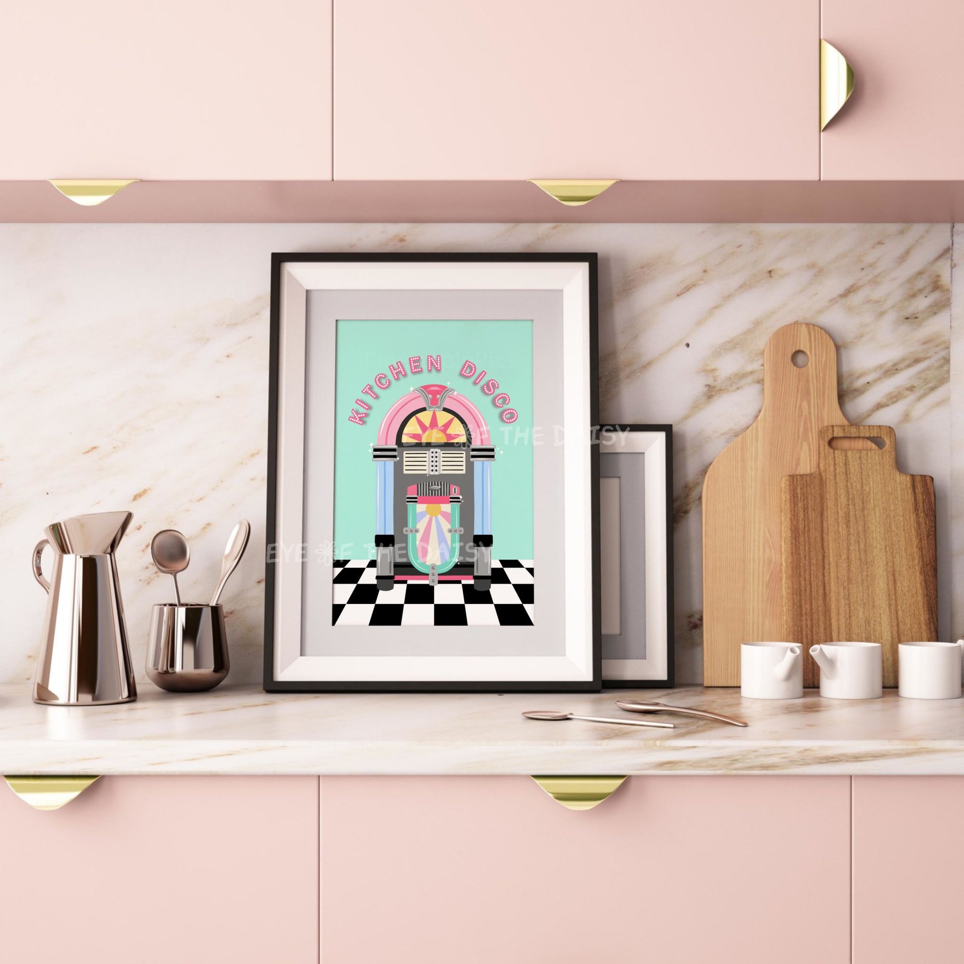 Kitchen Disco printable wall art, pastel retro kitchen decor print with jukebox design, great for a pastel kitchen