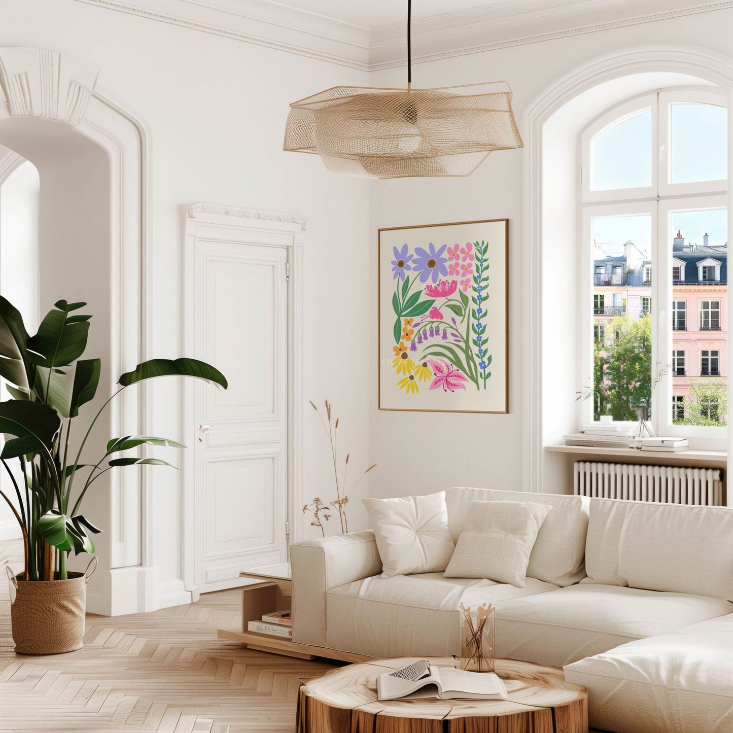 Vibrant botanical art print of pink, lilac, purple, blue, orange and yellow abstract flowers and green leaves intertwining on beige