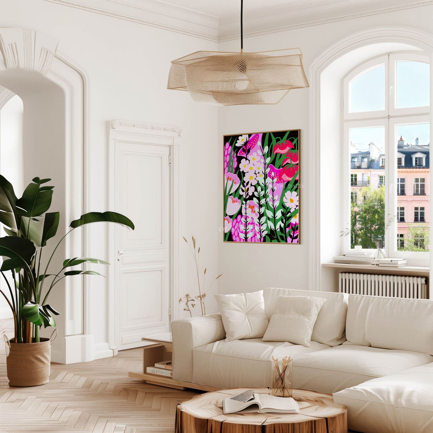 Funky botanical art print – abstract flower garden poster in pink, mint and teal, digital download for apartment walls