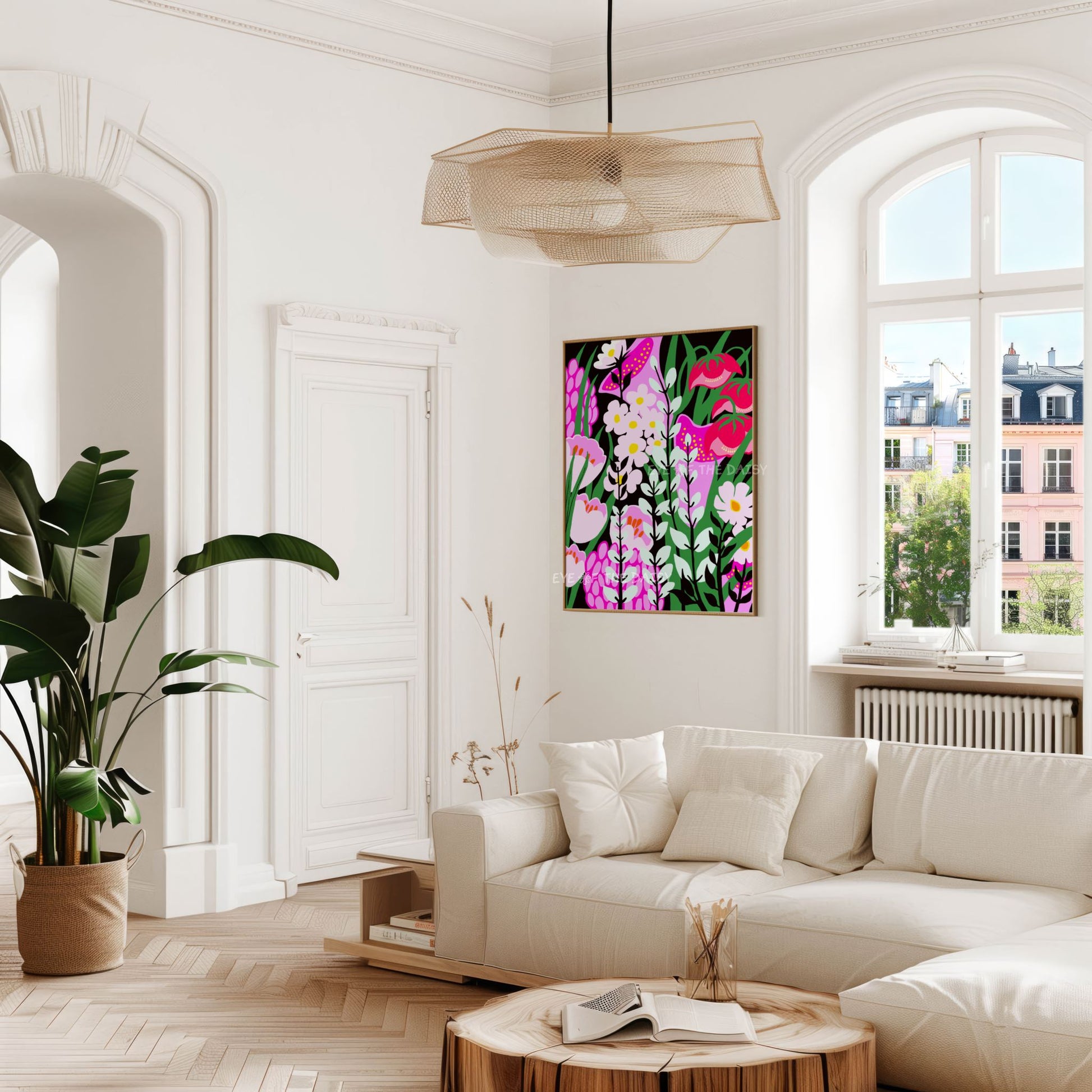 Funky botanical art print – abstract flower garden poster in pink, mint and teal, digital download for apartment walls