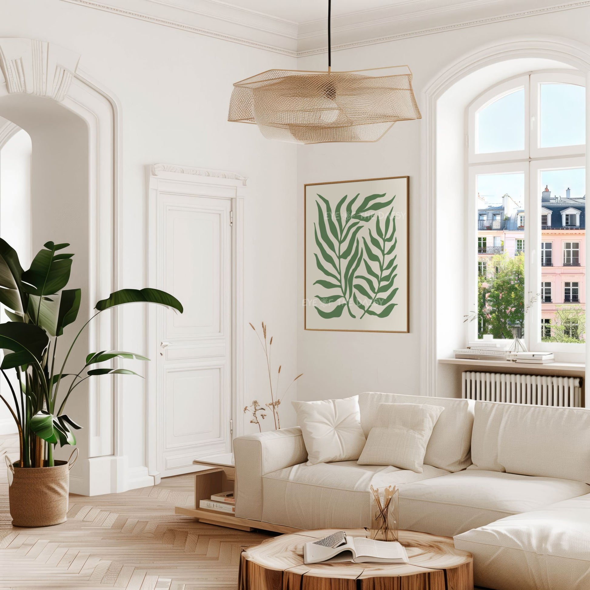 Olive green abstract palm leaf art print for trendy apartment decor, printable wall poster download in minimal Scandi boho style