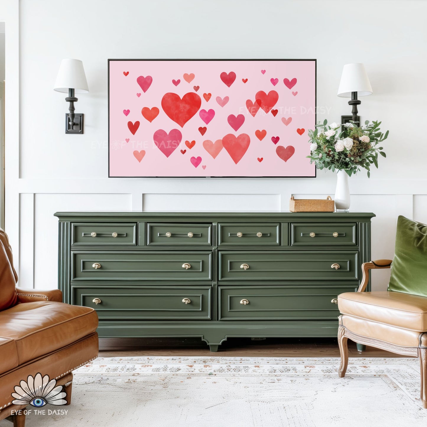 Valentine’s Day TV art digital download, red and pink watercolour hearts with cottagecore romantic decor