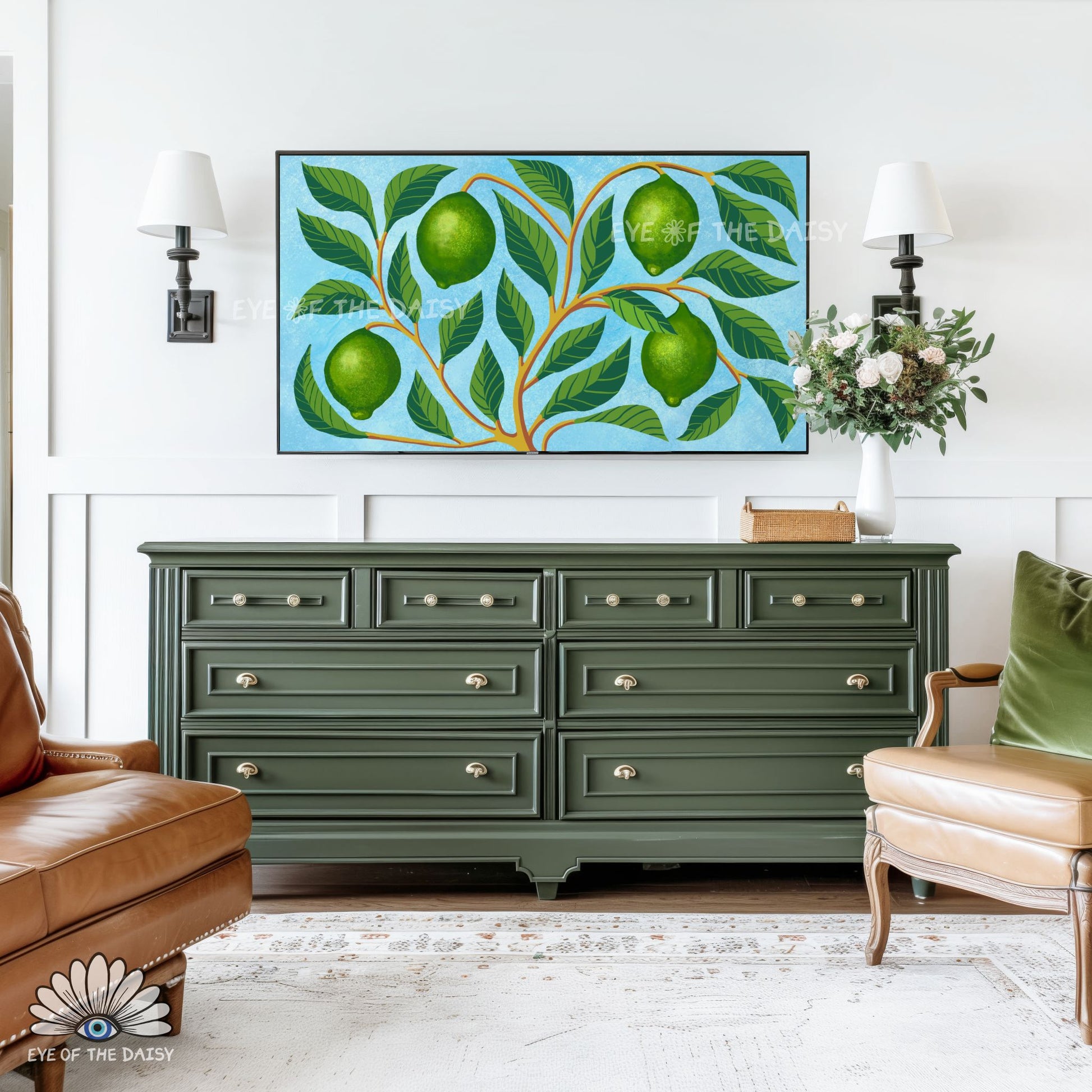Botanical 4K art for TV screen, abstract lime tree wall art in a modern boho living room