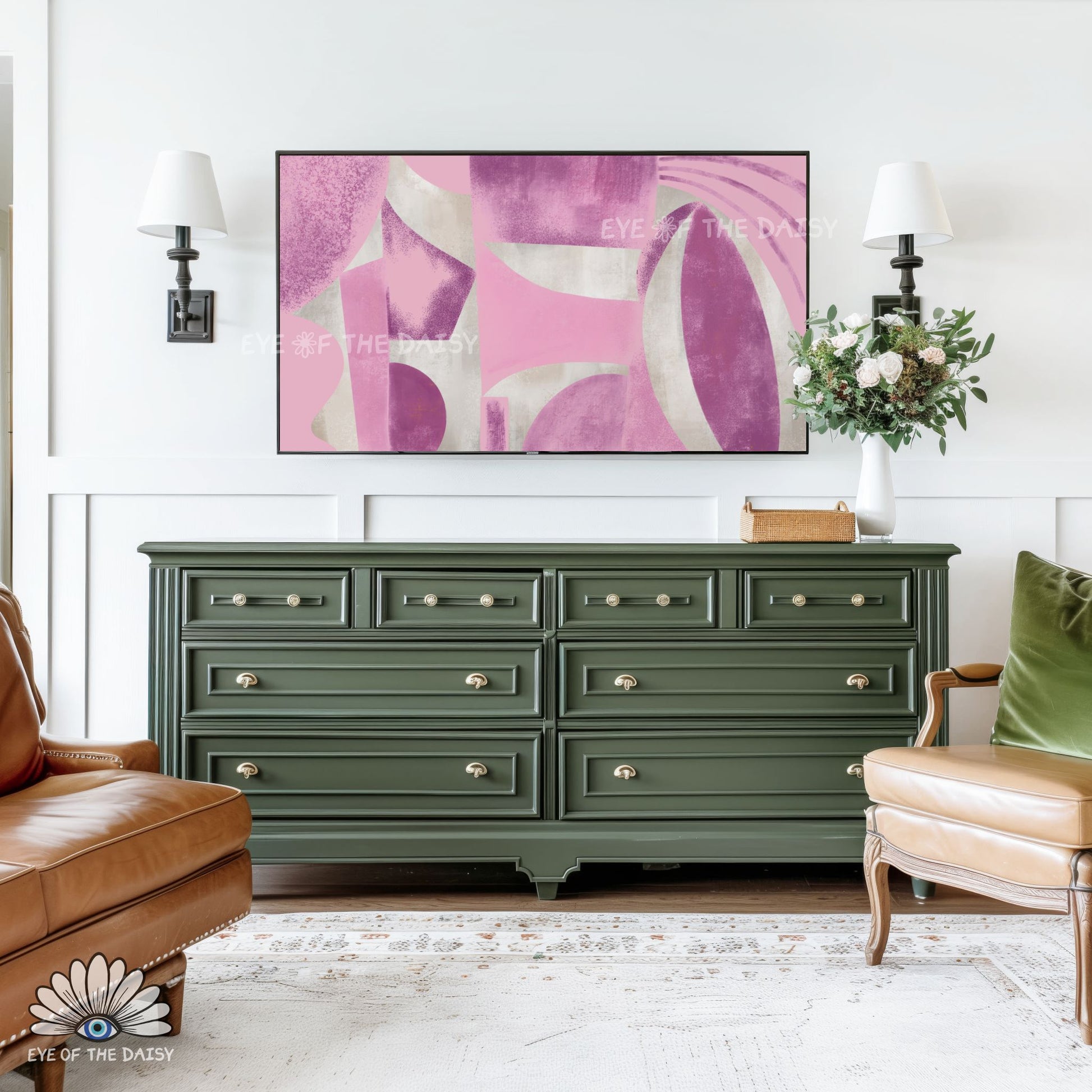 MCM inspired digital wall art for TV, pale lilac geometric abstract 4K TV art, perfect for farmhouse decor