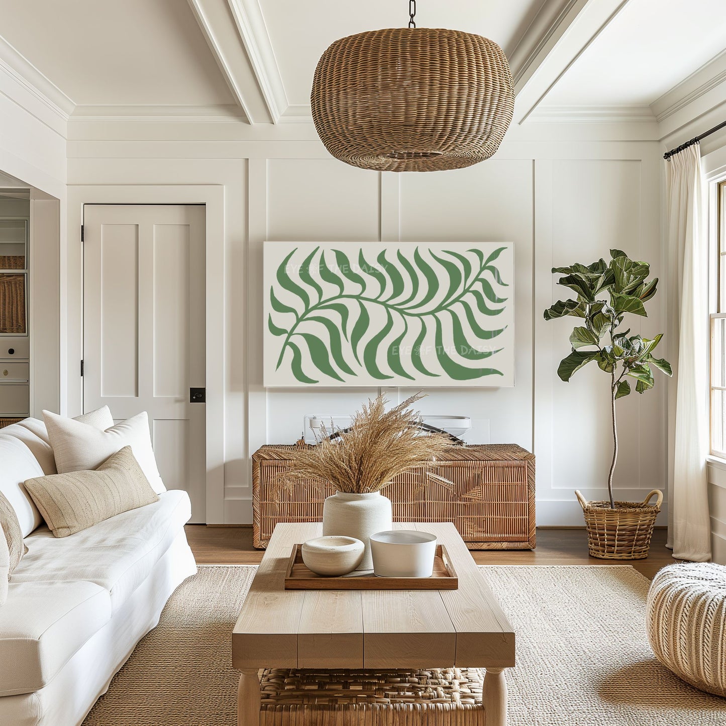 Dark Green Beige Abstract Leaf 4K TV Art | Olive Green Boho Botanical TV Art 4K