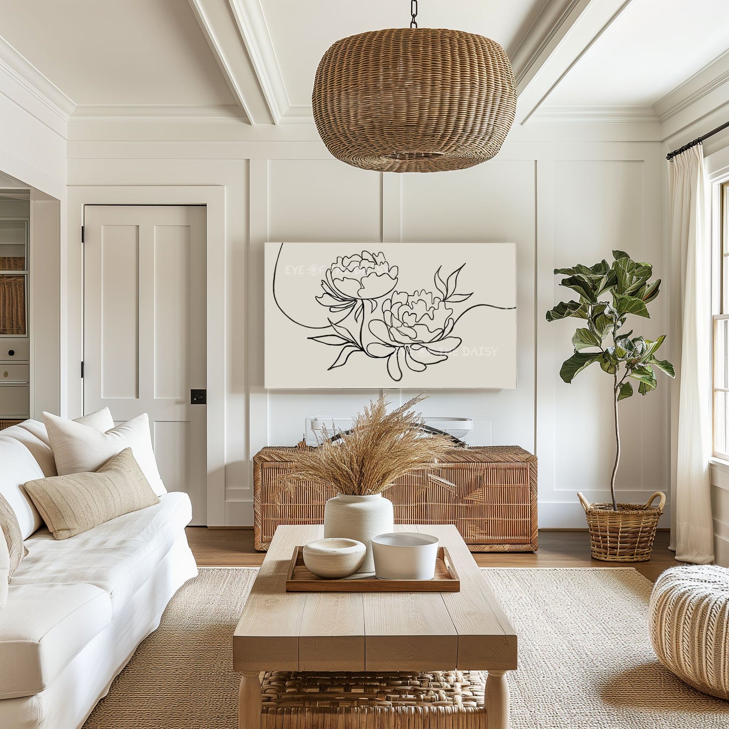 Black Beige Peony Line Drawing 4K TV Art | Minimal Botanical Sketch 4K TV Art