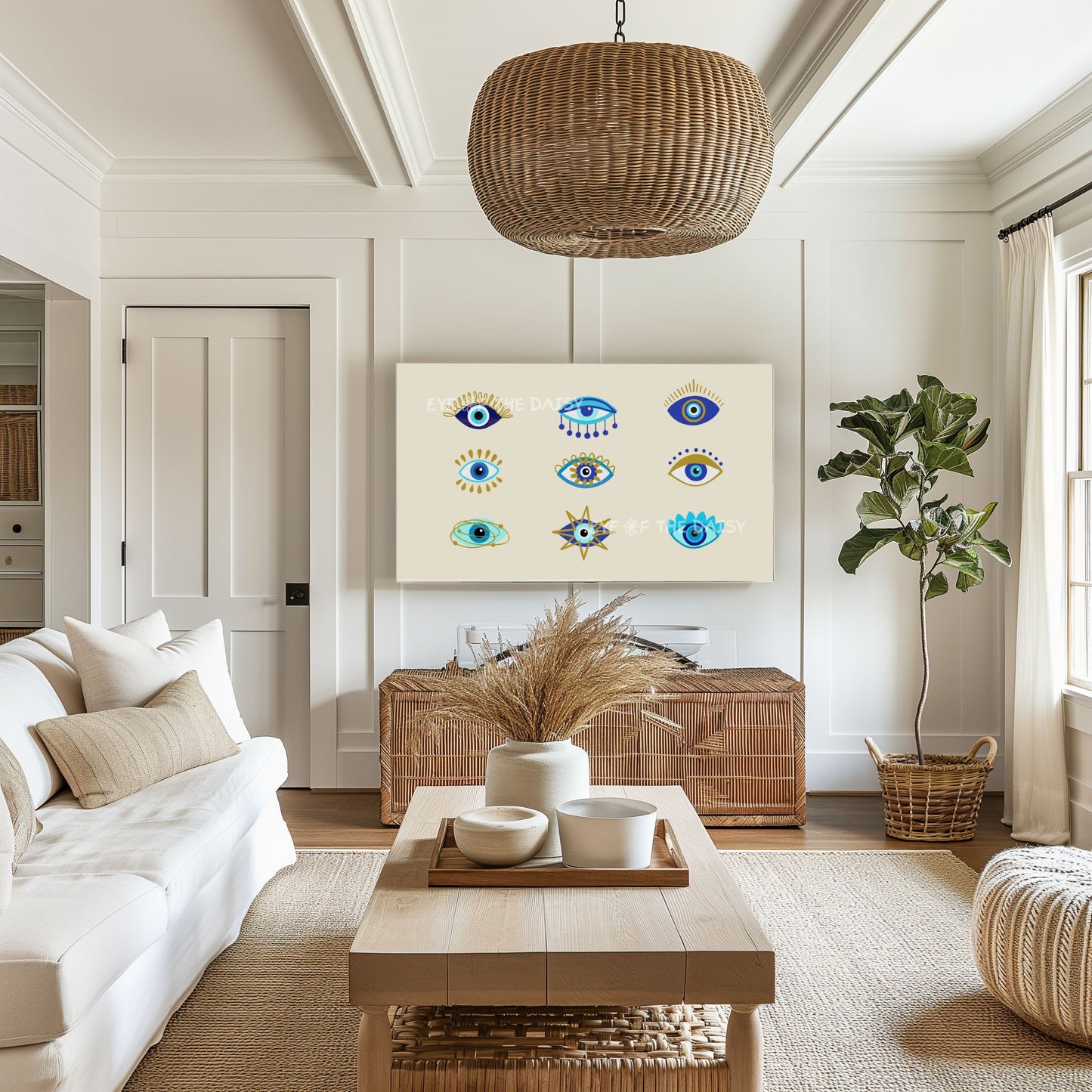 Blue Turquoise Gold Abstract Evil Eye 4K TV Art | Mediterranean Boho 4K TV Art