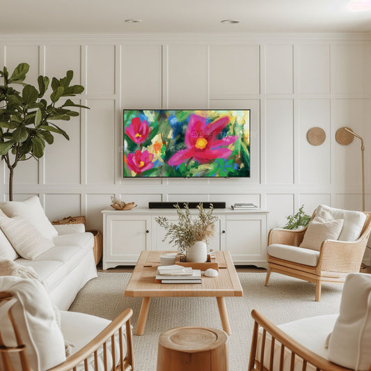 Vibrant Abstract Floral 4K TV Art | Bright Pink Yellow Green Contemporary Flowers 4K TV Art