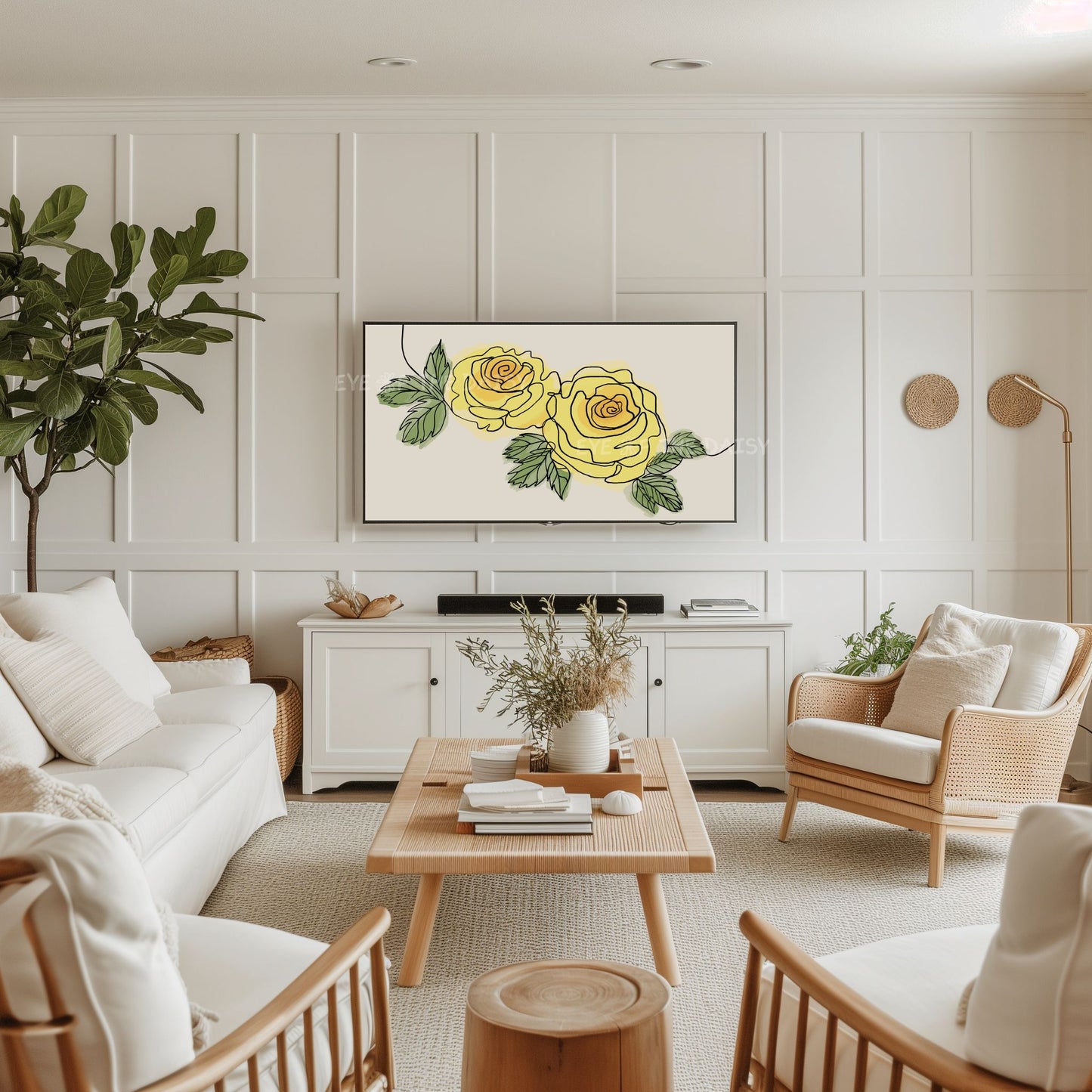 Yellow Roses Botanical Drawing 4K TV Art | Minimal Yellow Flowers Sketch TV Art 4K