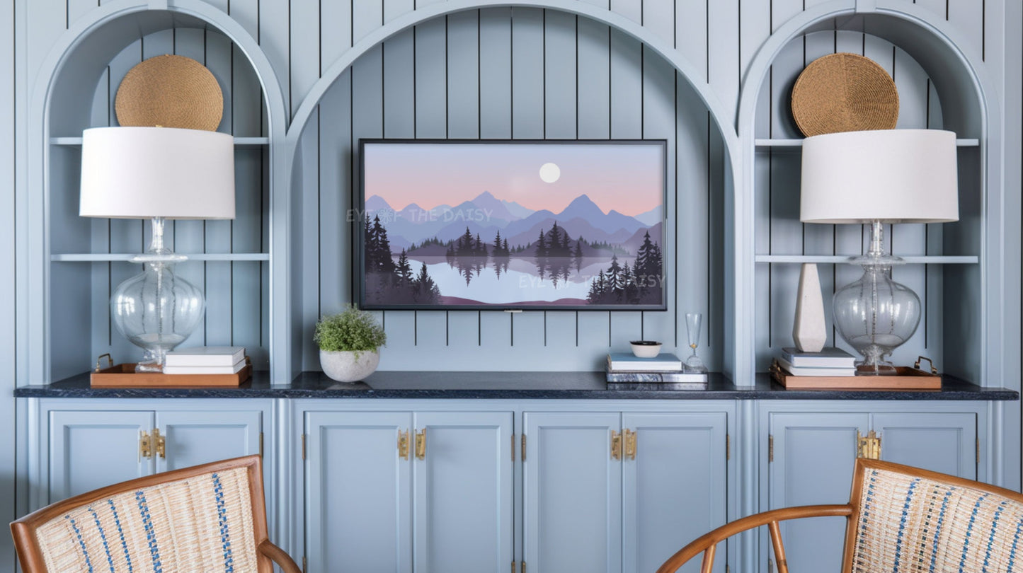 Lilac Blue Peach Landscape TV Art 4K | Mid Century Modern Mountain Lake Trees TV Art