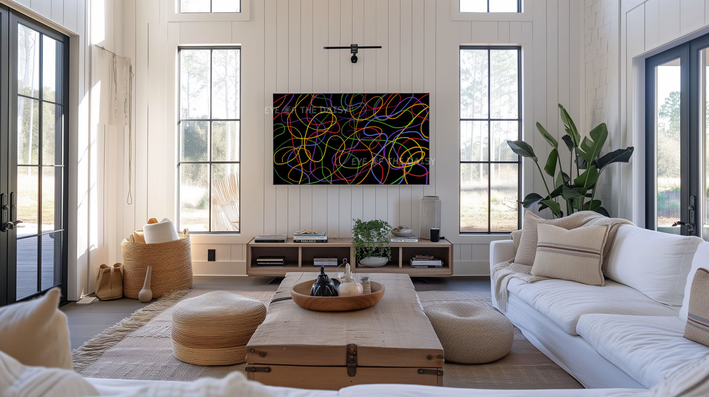 Contemporary Abstract Scribble TV Art 4K | Colourful Black Modern Art for TV Screen