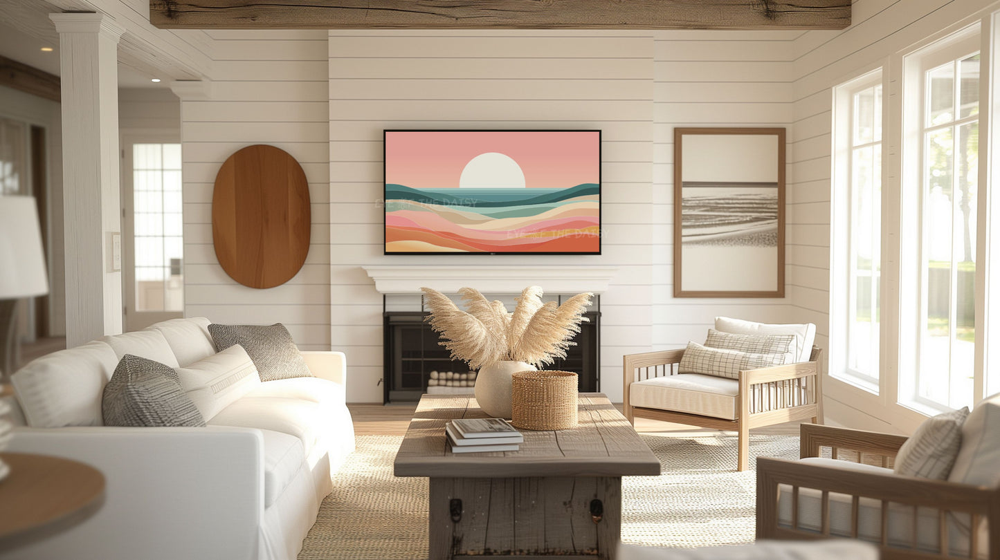 Pink Orange Teal Minimal Sea Sunset 4K TV Art | Mid Century Modern Coastal TV Art 4K