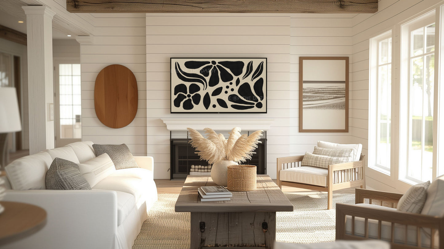 Black Beige Abstract Floral 4K TV Art | Boho Botanical Art for TV Screen