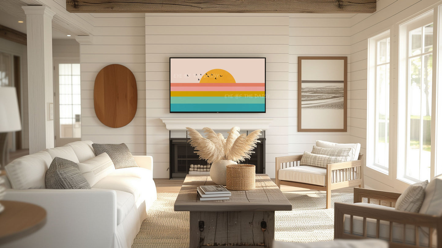 Mid Century Modern Sunset Seascape 4K TV Art | Colourful Sky Sun Sea Landscape TV Art