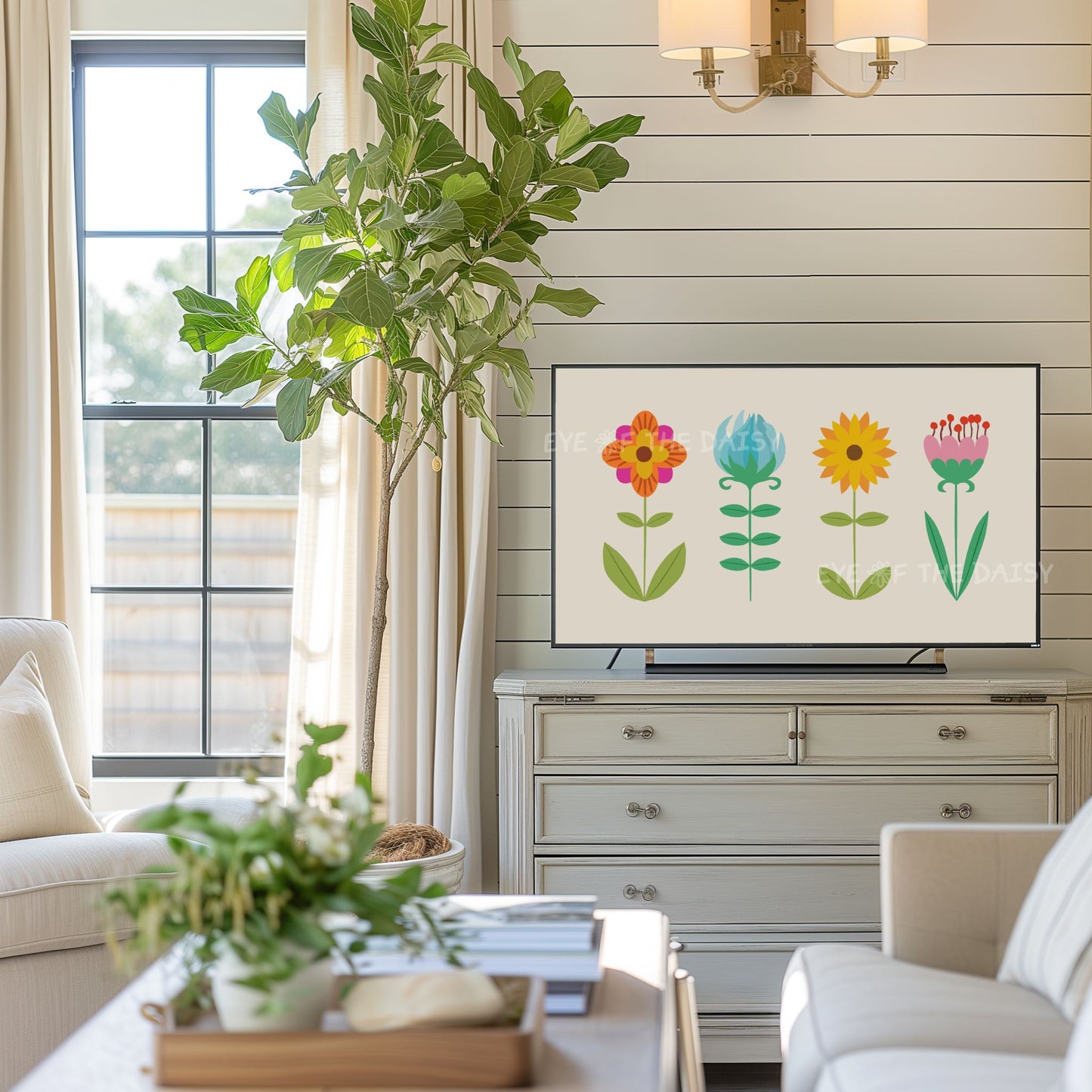 Nordic Folk Art Botanical 4K TV Art | Boho Colourful Scandi Flowers Art for Tv Screen 4K