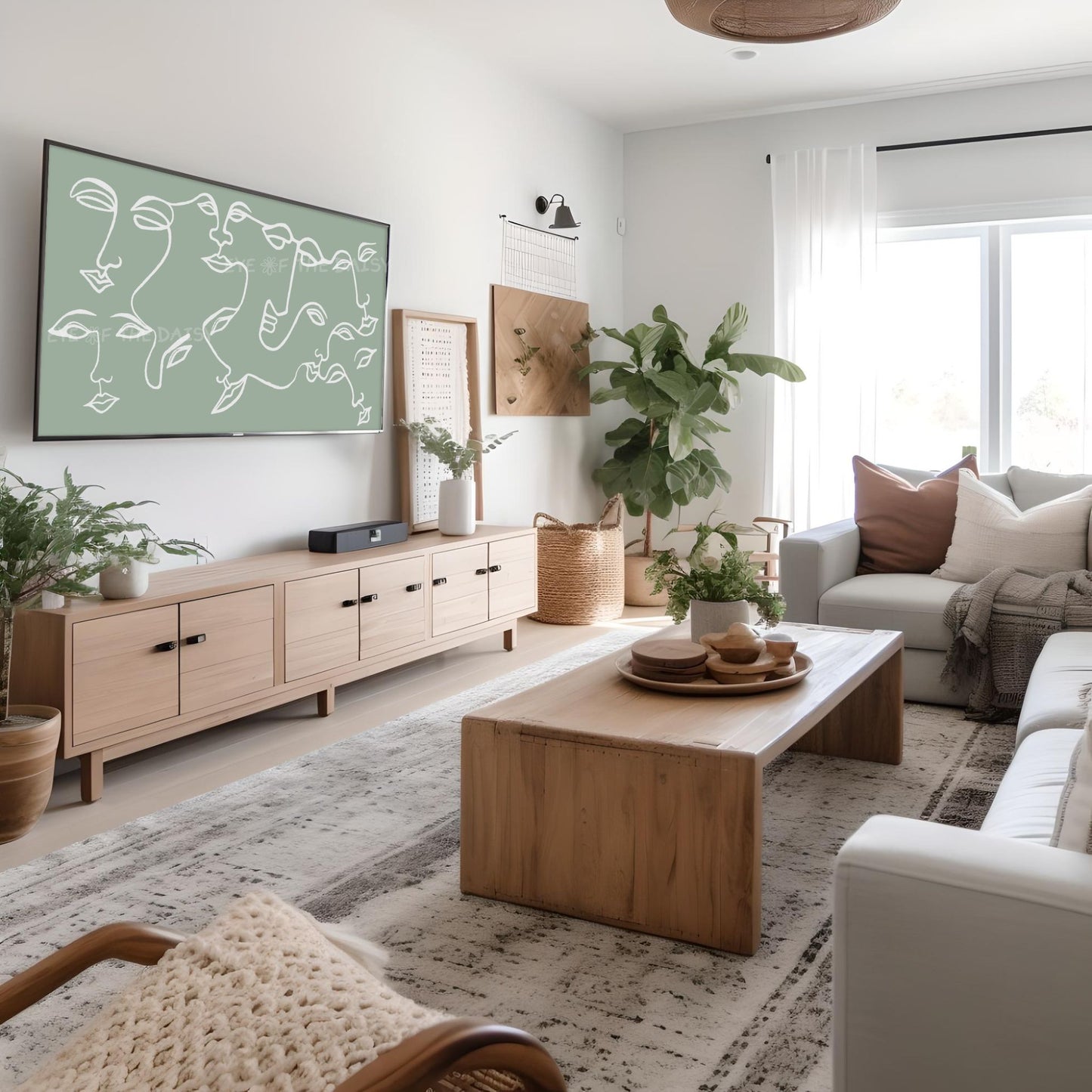 Sage Green Abstract Face 4K TV Art | Minimalist Boho Face Line 4K Art for TV Screen