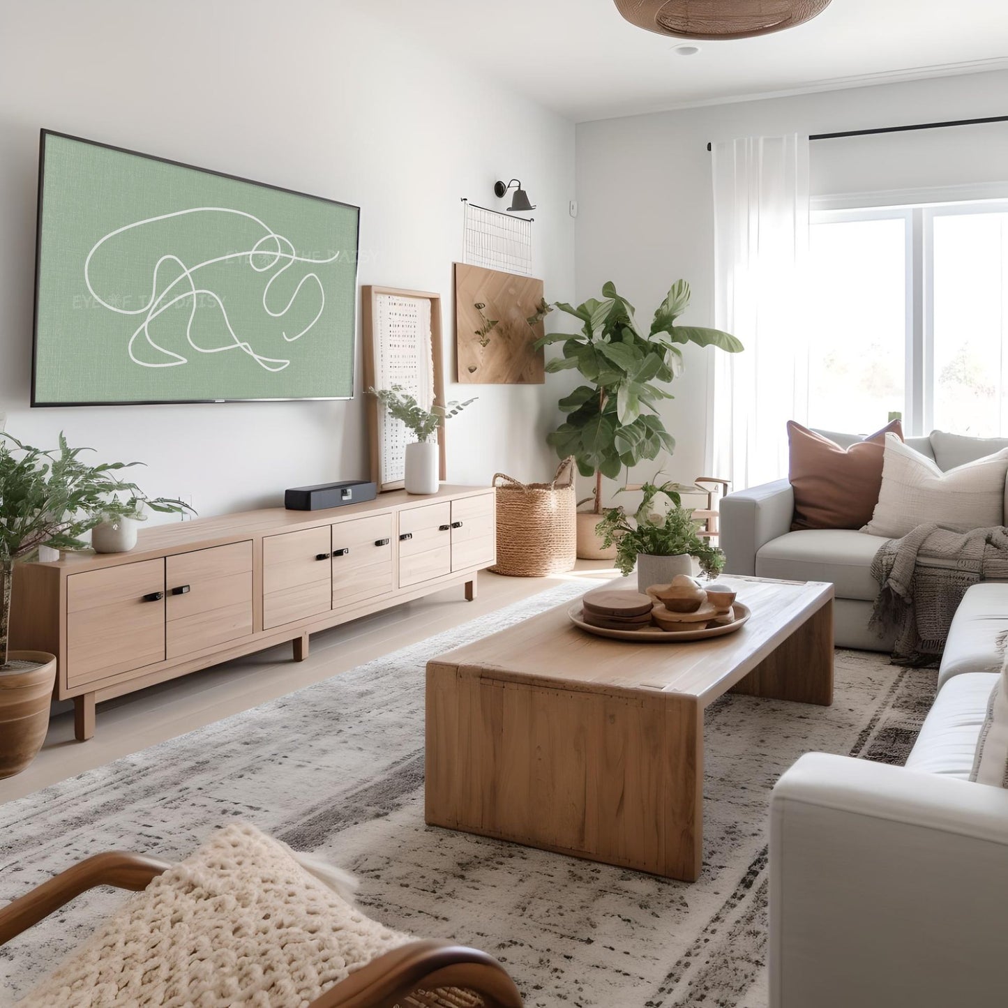 Sage Green White Minimal Scribble 4K TV Art | Boho Abstract Line Art for TV Screen