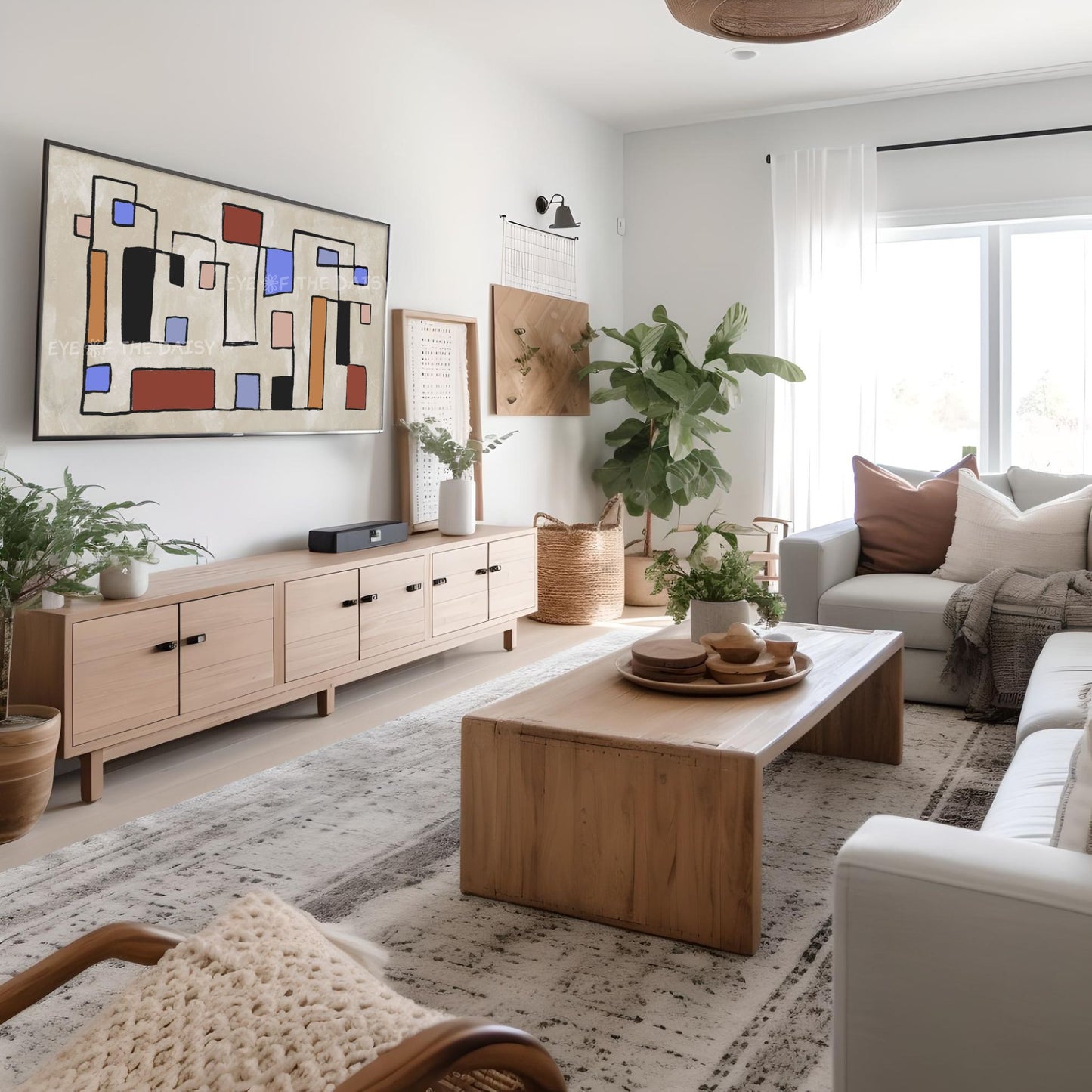 Mid Century Modern Abstract Line Art for TV 4K | Terracotta Beige Blue Boho 4K TV Art