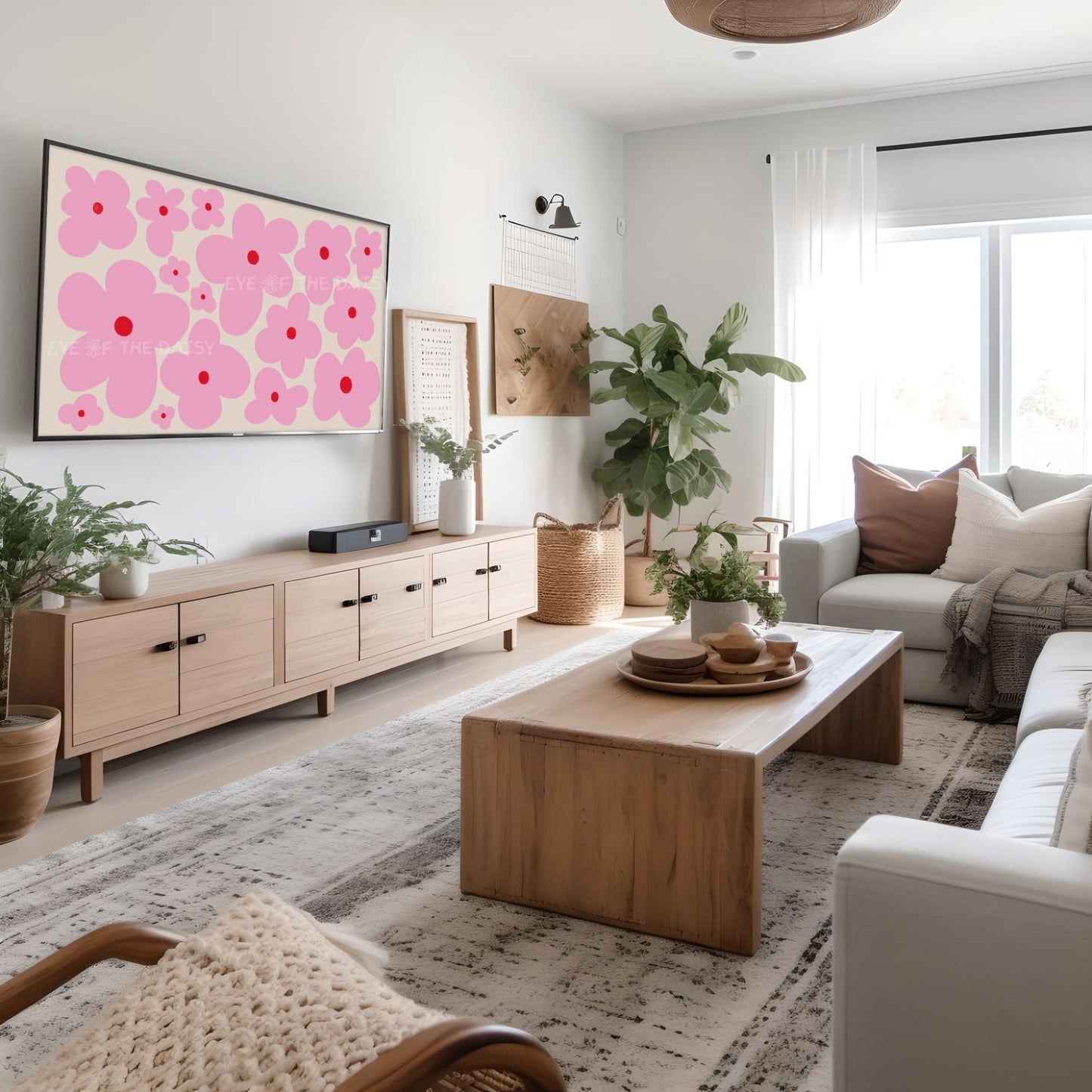 Pink Boho Floral 4K TV Art | Pink Beige Retro Daisy Flowers TV Artwork 4K