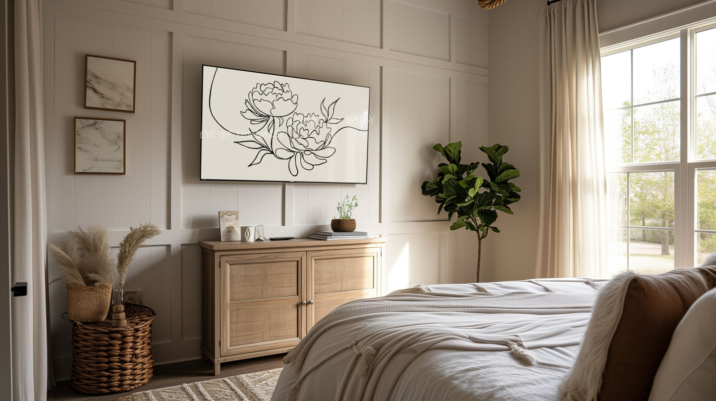 Black Beige Peony Line Drawing 4K TV Art | Minimal Botanical Sketch 4K TV Art