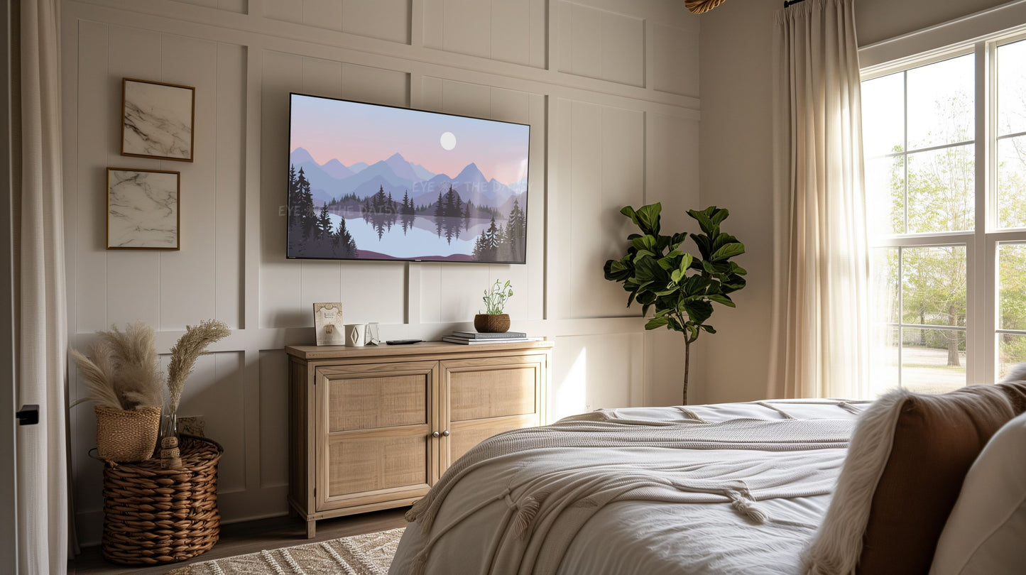 Lilac Blue Peach Landscape TV Art 4K | Mid Century Modern Mountain Lake Trees TV Art