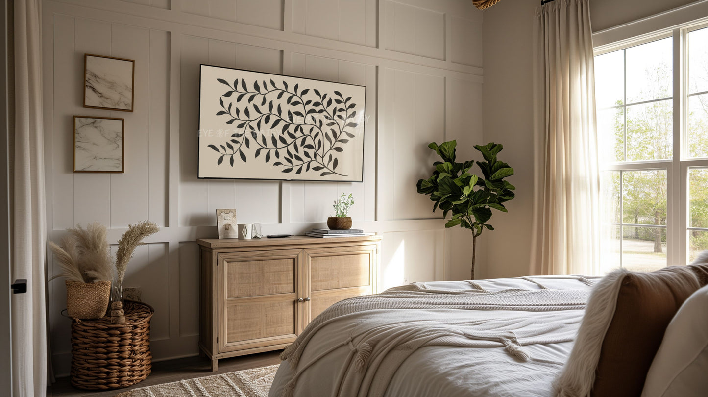 Black Beige Abstract Leaf 4K TV Art | Boho Botanical 4K Art for TV Screen