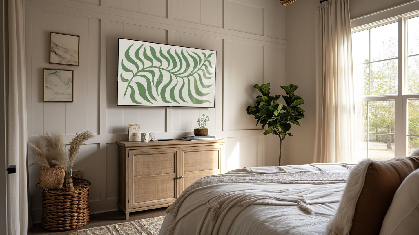 Dark Green Beige Abstract Leaf 4K TV Art | Olive Green Boho Botanical TV Art 4K