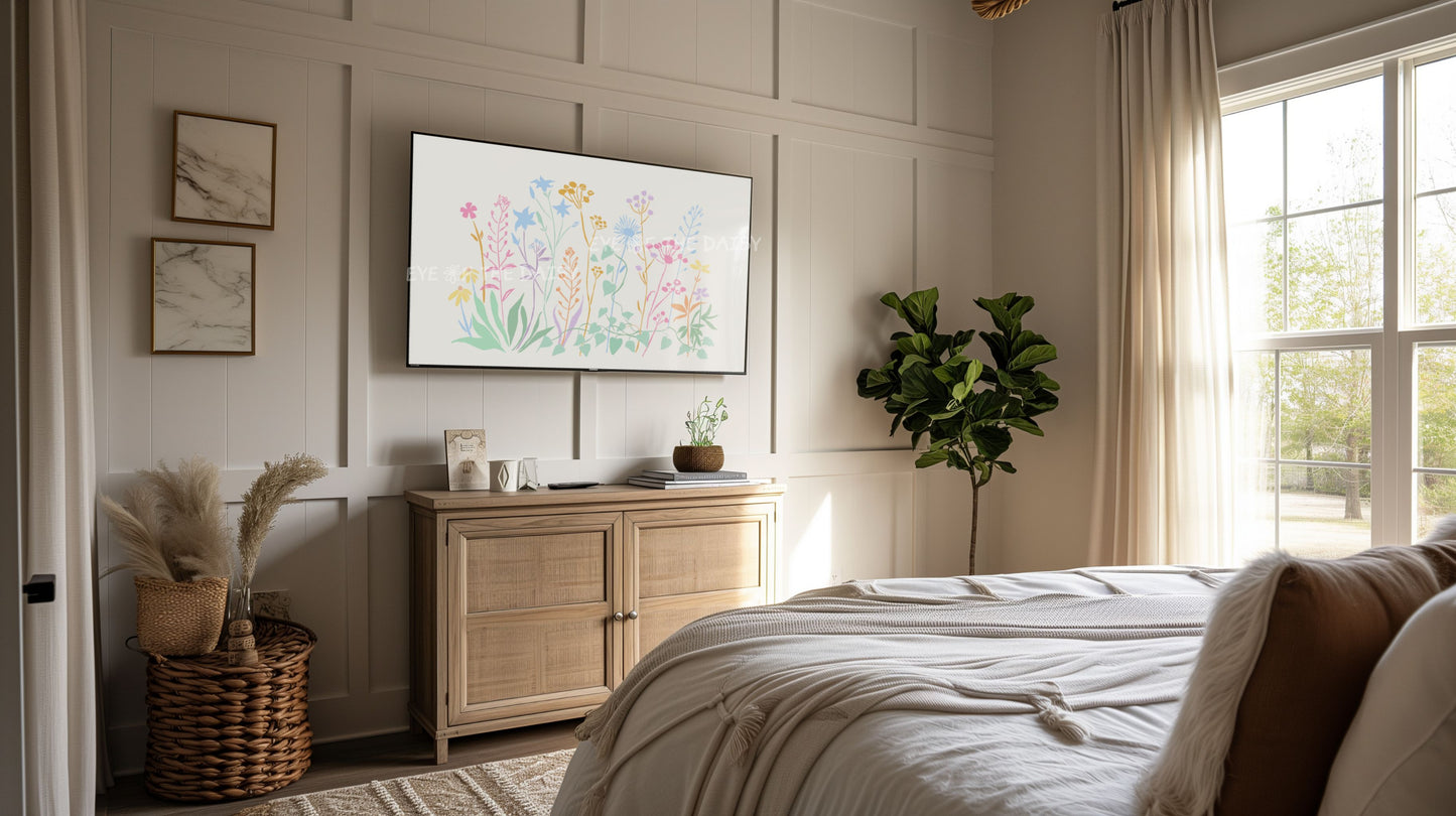 Pastel Floral Sketch 4K TV Art | Colourful Flowers Botanical 4K Art for TV Screen