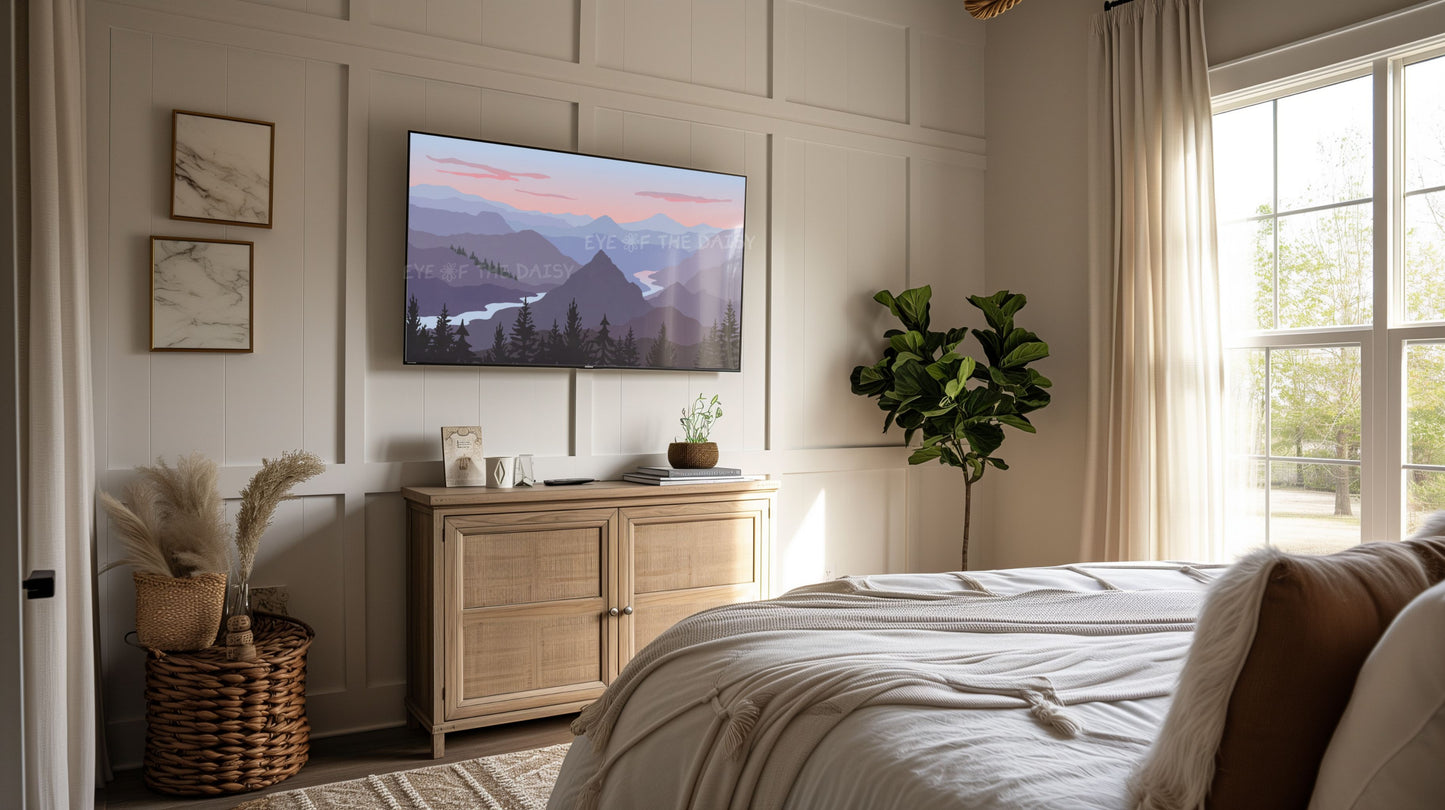 Lilac Blue Peach Purple Grey Tone Landscape 4K TV Art | Abstract Mountain Lake TV Art