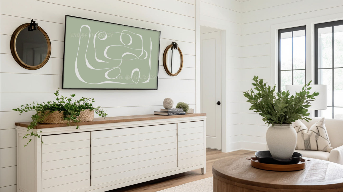 Sage Green Minimal Line Drawing 4K TV Art | Modern Boho Abstract TV Art 4K