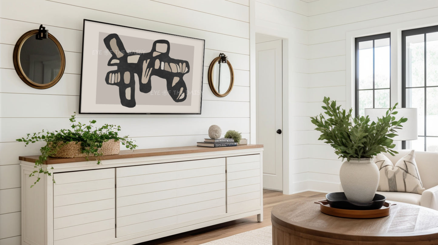 Black Beige Contemporary Abstract 4K TV Art | Neutral Organic Shape Art for TV Screen