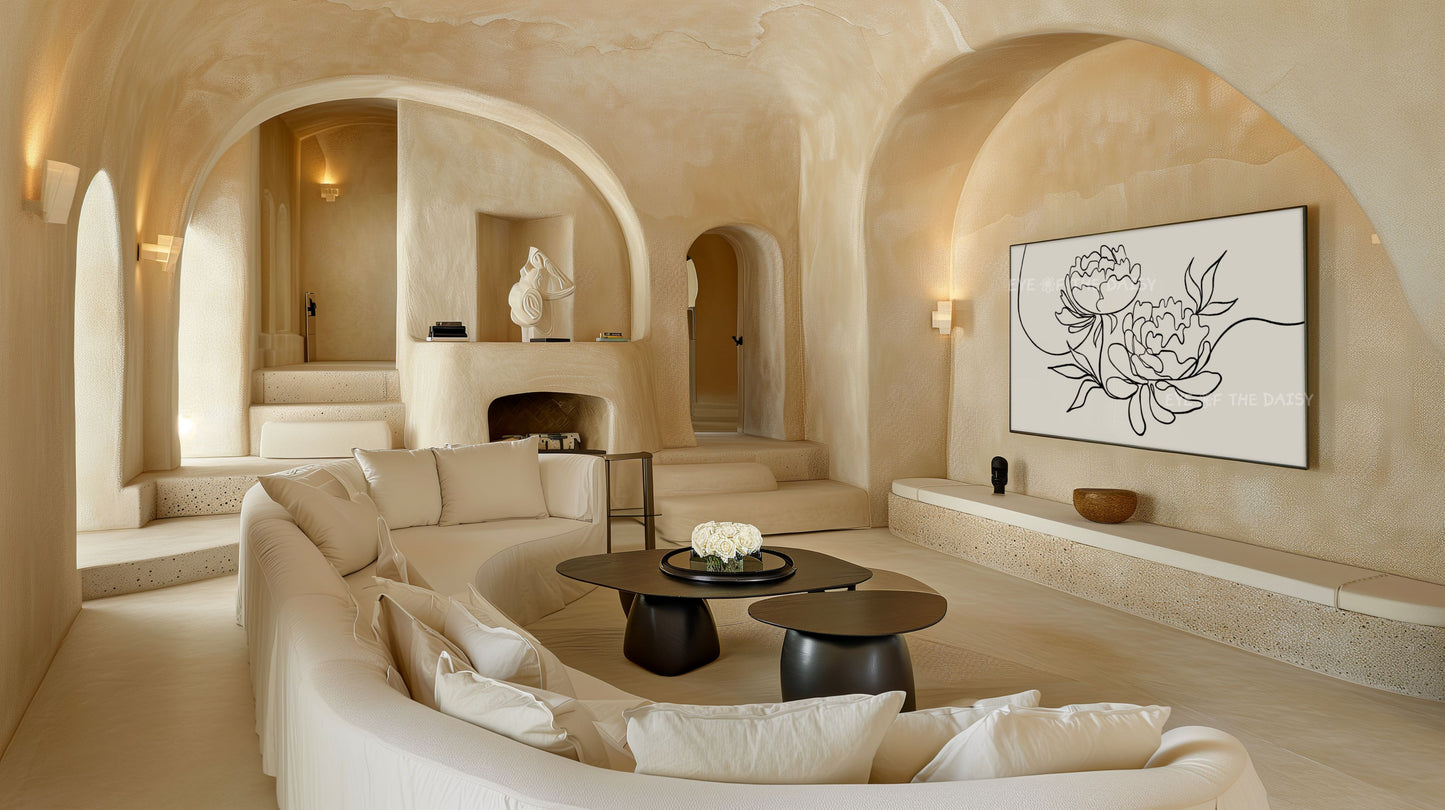 Black Beige Peony Line Drawing 4K TV Art | Minimal Botanical Sketch 4K TV Art