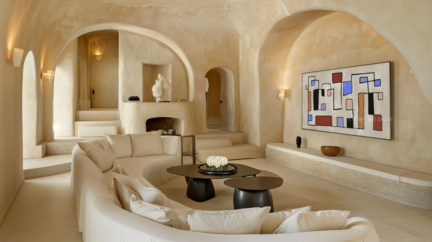 Mid Century Modern Abstract Line Art for TV 4K | Terracotta Beige Blue Boho 4K TV Art