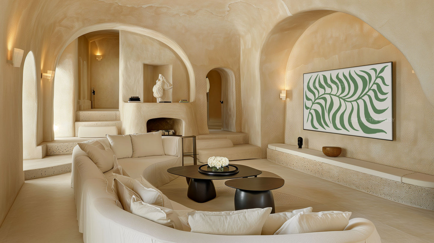 Dark Green Beige Abstract Leaf 4K TV Art | Olive Green Boho Botanical TV Art 4K