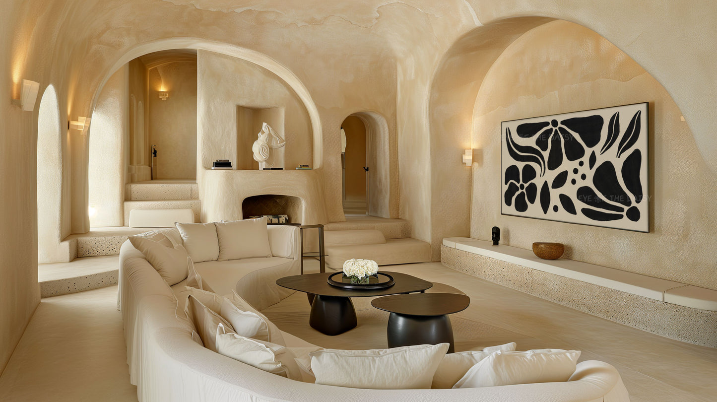 Black Beige Abstract Floral 4K TV Art | Boho Botanical Art for TV Screen