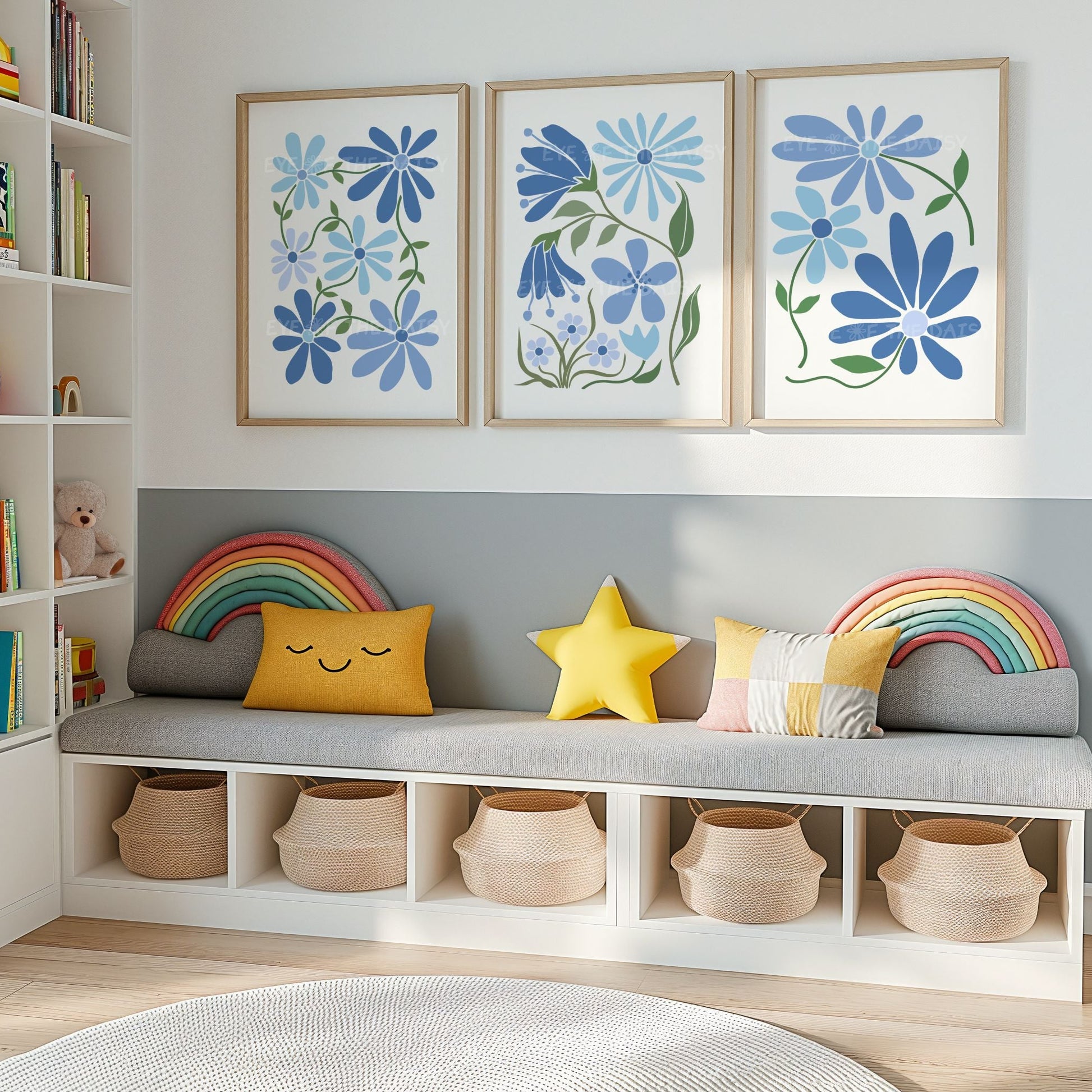 Triptych set of three posters of blue abstract flowers, great for a gender neutral children's room or nursery