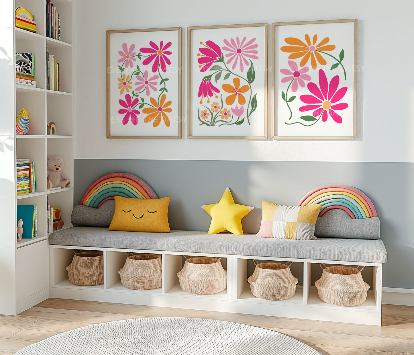 Cute flower wall art print set of 3 for toddler girl’s room, pink and orange boho daisy digital posters for nursery or playroom decor