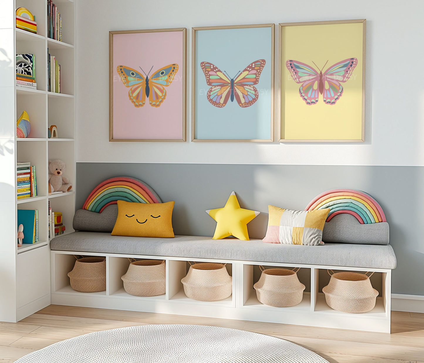 Set of 3 pastel boho butterfly digital download art prints displayed on the wall of a colourful children's room